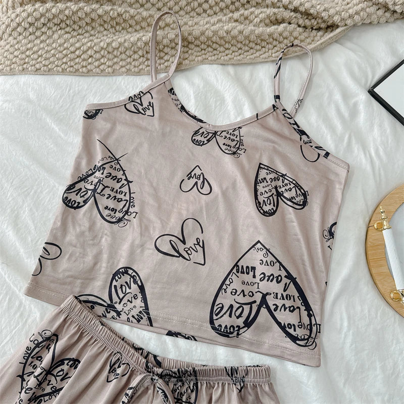 Summer Women's Cherry Print Pajama Set Sexy Ice Silk Sleeveless Vest and Shorts Girls Casual Cute Printed Sleepwear for Lounging