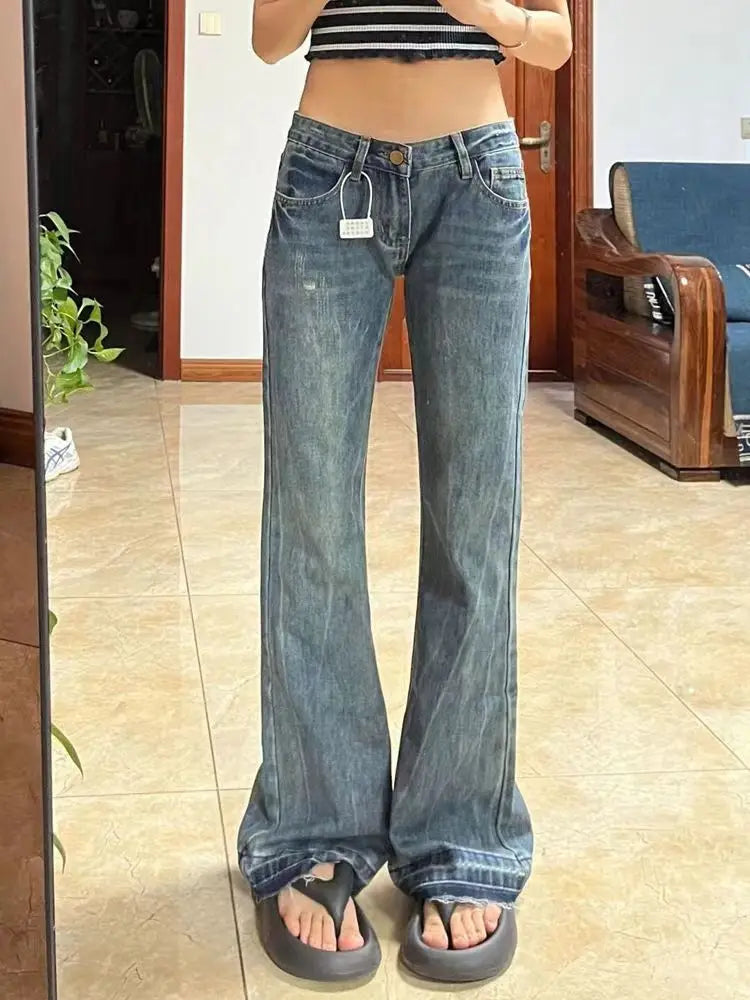 New high street retro hottie micro-flare jeans women American Y2k autumn and winter raw edge splicing slim trousers