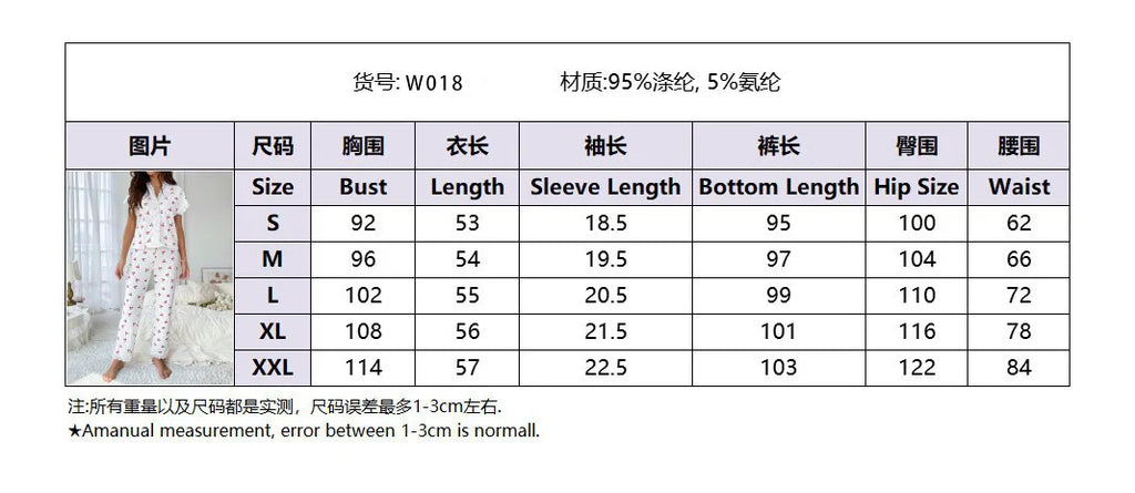 Women's Summer Fall V-neck Lace Cherry Print Pajama Set Slim Fit Short Sleeve Shorts & Pants Home Loungewear