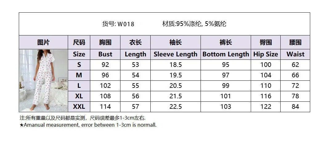 Women's Summer Fall V-neck Lace Cherry Print Pajama Set Slim Fit Short Sleeve Shorts & Pants Home Loungewear