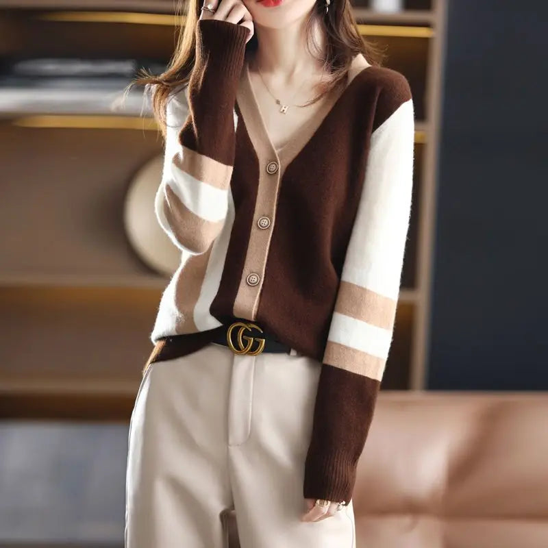 2023 New Spring and Autumn Fashion French Niche V-neck Stripe Color Blocking Loose Casual Lazy Style Women's Sweater Cardigan