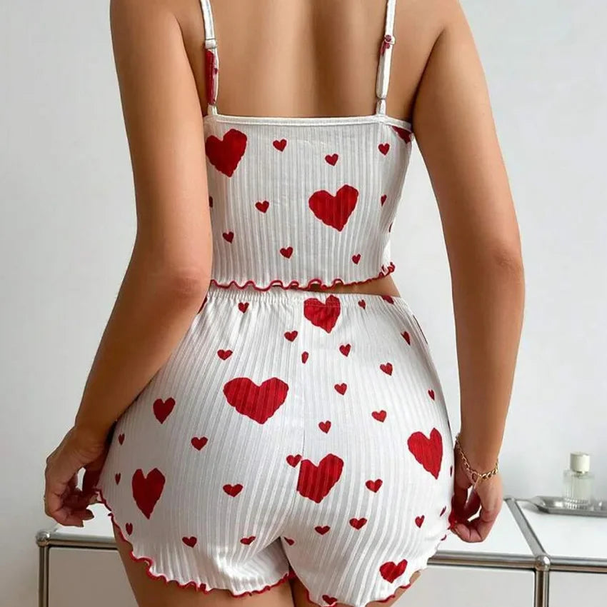 Casual Love Printing Women's Pajamas Set Sleepwear 2 PCS Short Tank Tops and Shorts White Ventilate Soft Homewear Nightwear