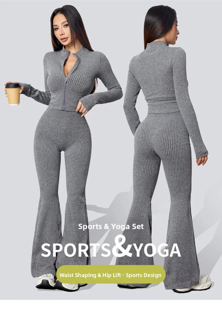 Women's Tight Fitness Yoga Outfit Set with Long Sleeves And Zipper Autumn Winter Sports Jacket And Bell Bottom Pants