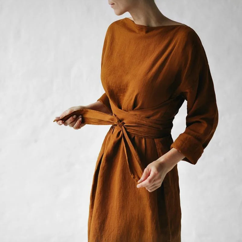 Fall Long Sleeve Loose Cotton Linen Dress Women 2024 Fashion Casual Solid New Lace-up Bow Maxi Dresses Elegant Vestidos