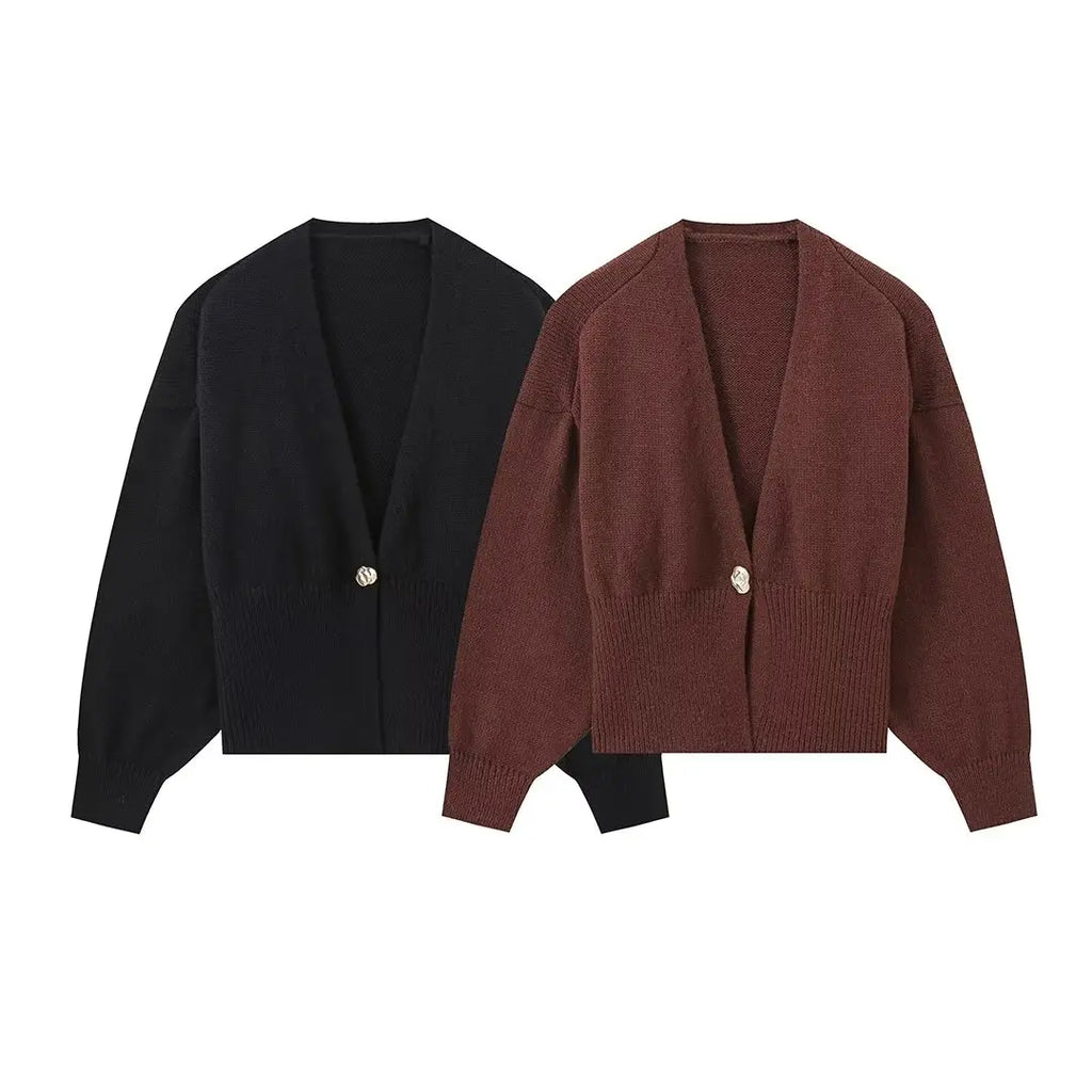 HH Woman Autumn Long Sleeves Slim Casual Sweater High Street Coat Women Solid Single Button Deep V-Neck Knitted Cardigan