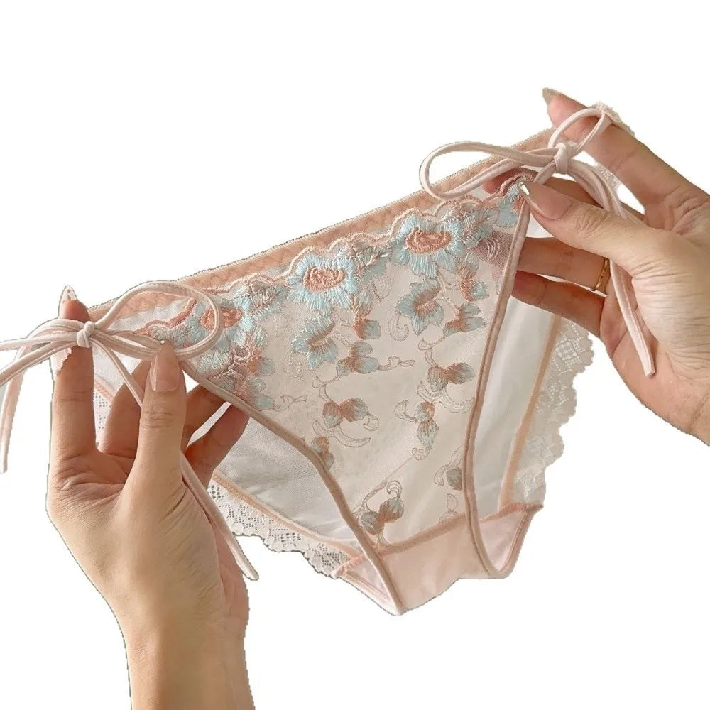 Lingerie Low Waist Embroidery Flower Panties Cotton Crotch Sweet Mesh Lace Briefs Transparent Lace-up Underwear Lady