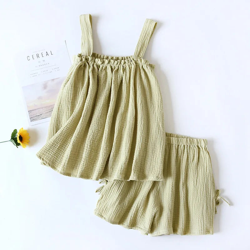 Fdfklak Pijamas Sexy Mujer Summer Sleeveless Gauze Cotton Women's 2 Piece Set Pyjamas Elegant New Soft Home Nightwear