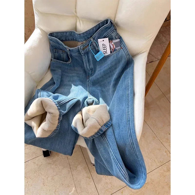 Thickened Fleece High Waist Straight Leg Jeans Women Winter New Style Loose Slim Wide Leg Pants Floor-Length Trousers