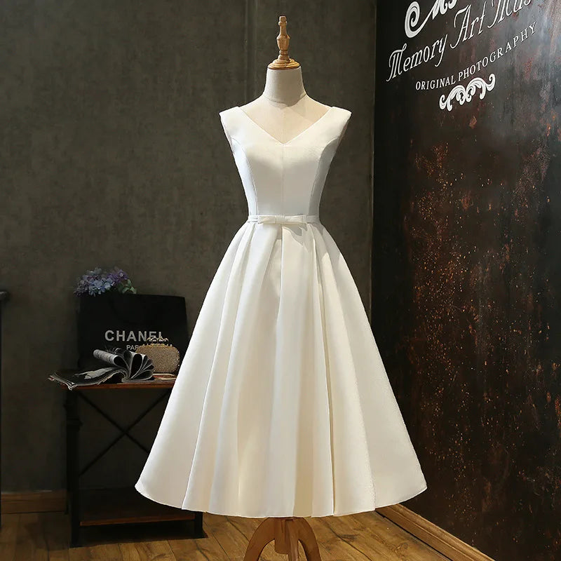 White V-Ne Mid-Length Evening Gown 2024 Sle Ele Slimming Sister's Dr for Wedding Par Celebration