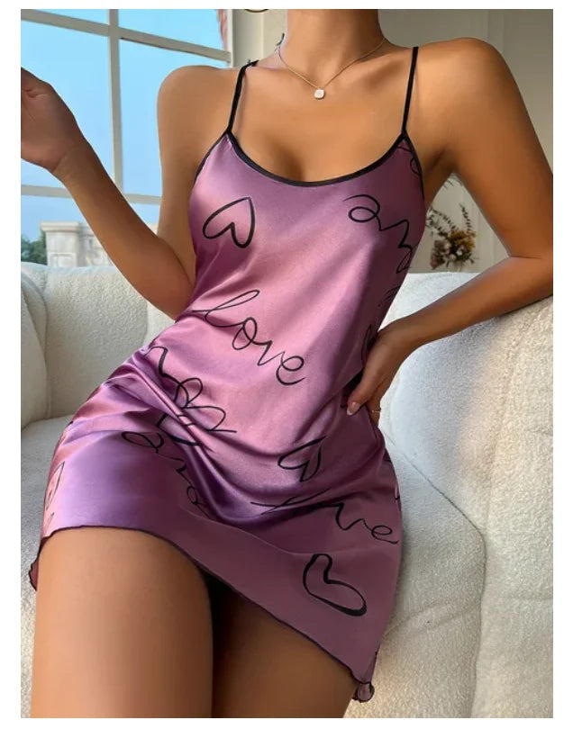 Heart Print Nightdress Elegant Scoop Neck Criss Cross Back Sleep Dress Women's Sleepwear