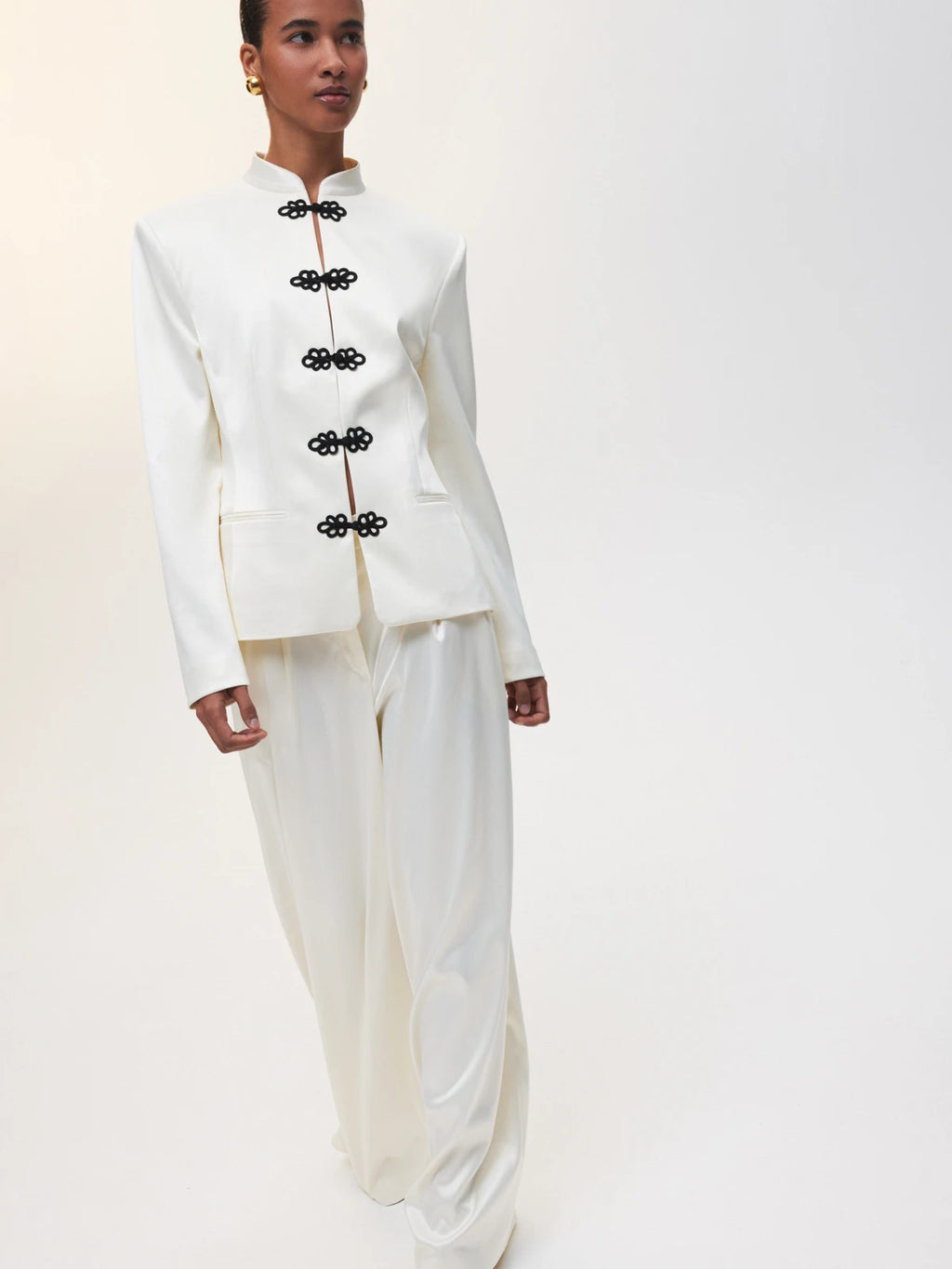 DFDG Women's Spring Summer Satin Mandarin Collar Knot Button Blazer Chic Formal Casual Wear 2026 Trendy Feminine Fashion Coat