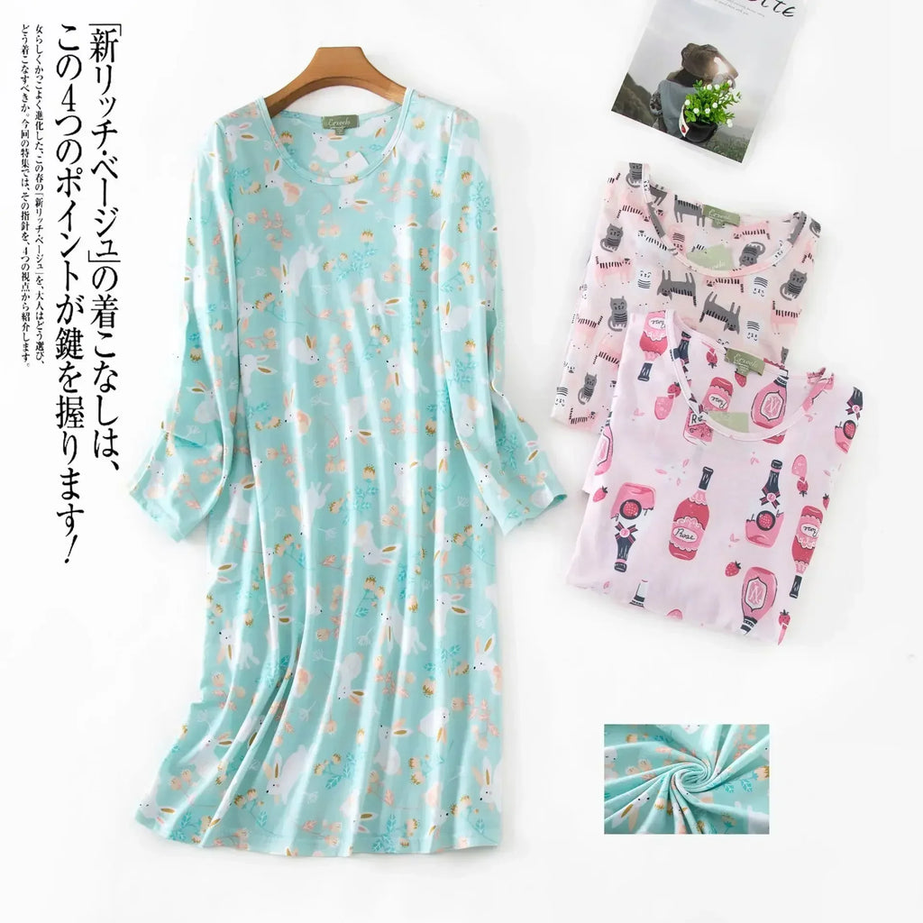 Knitted Cotton Women Plus Size Lingere Nightgown Loose Nightdress Long Sleeve Night Gown Cute Cartoon Home Dress Sexy Sleepwear