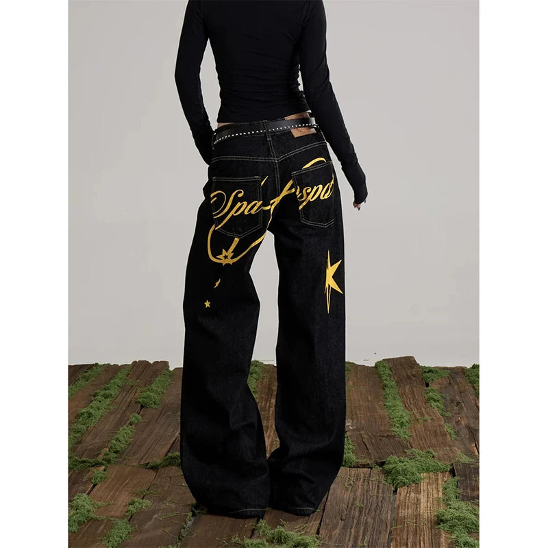 YIBASHU Women Blue Y2k Wide Jeans Letter Print Jean Pants Vintage Harajuku Baggy Grunge Star Denim Trouser Alternative Clothes