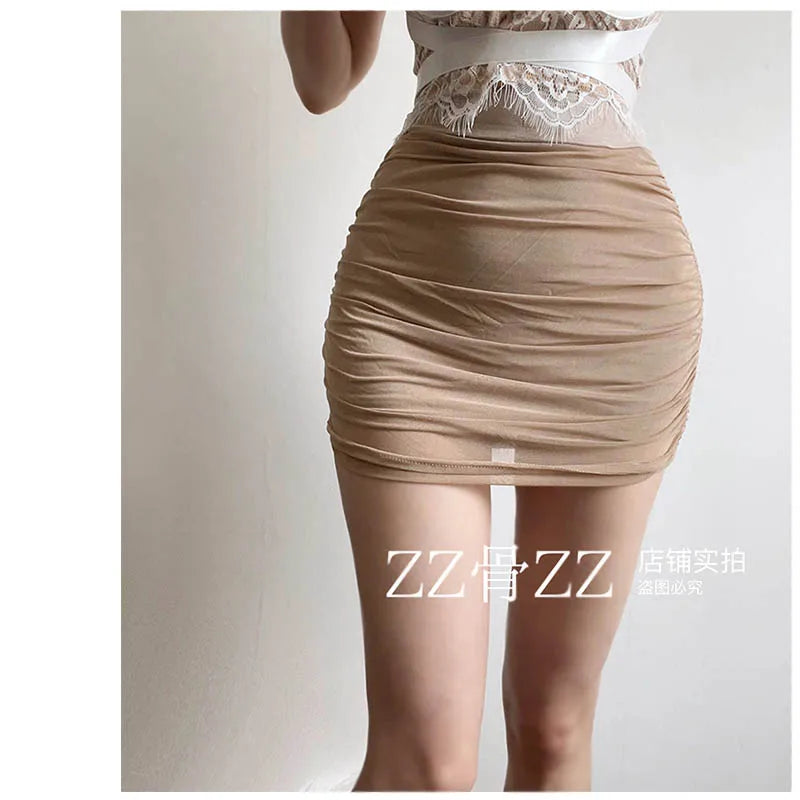 2024 New Skorts Summer New Style Street Sexy Solid Color Mesh Pleated Slim High Waisted Skirt Fashion Sweet Mesh  AWH9