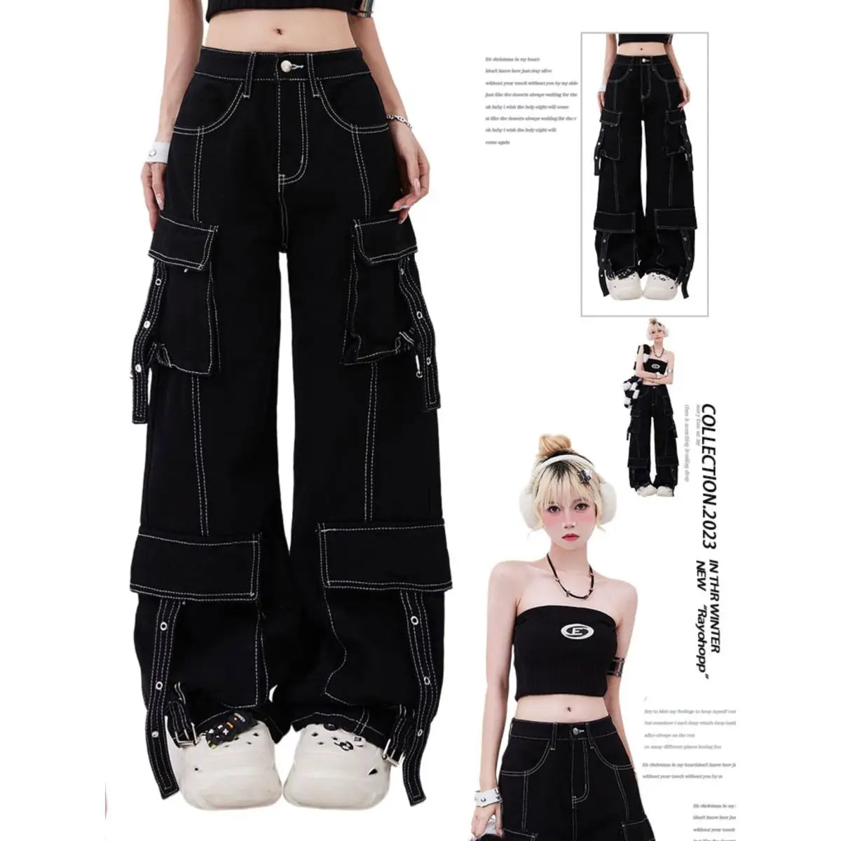 ADAgirl Black Cargo Jeans Women Y2k Harajuku Vintage Baggy Pockets Korean Wide Leg Denim Pants Hip Hop Causal Female Trousers