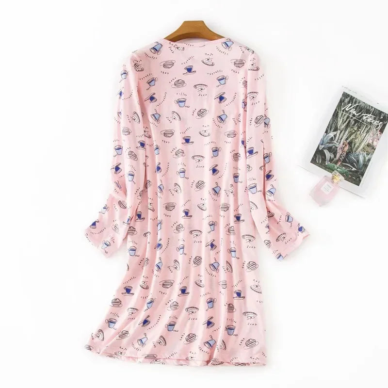 Knitted Cotton Women Plus Size Lingere Nightgown Loose Nightdress Long Sleeve Night Gown Cute Cartoon Home Dress Sexy Sleepwear