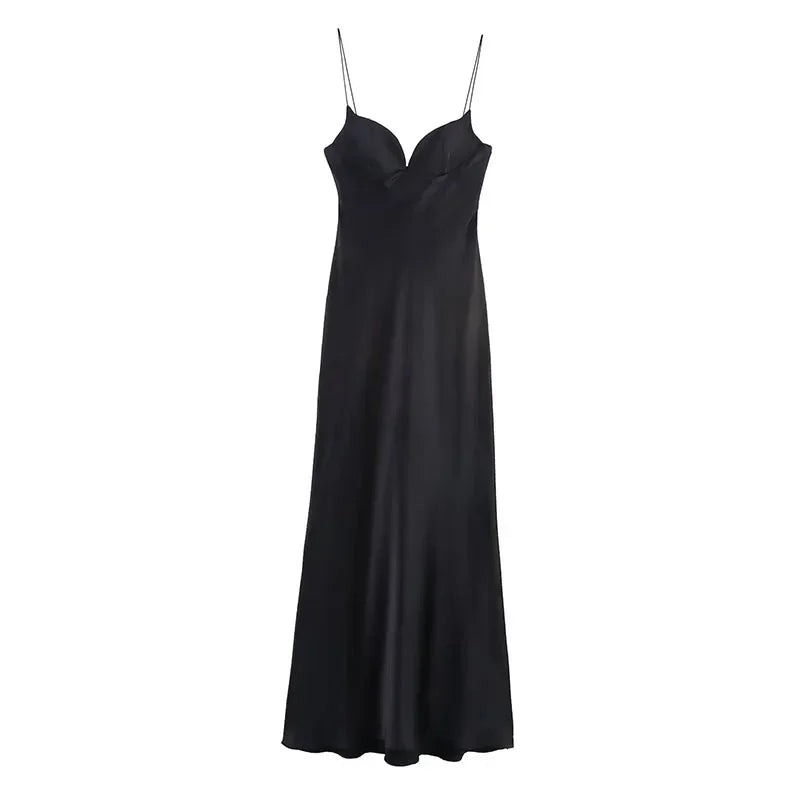 Sexy Satin Long Sling Dress Women Square Collar Sleeveless Backless Pleated Dresses Female 2026 Spring Lady Party Evening Robes