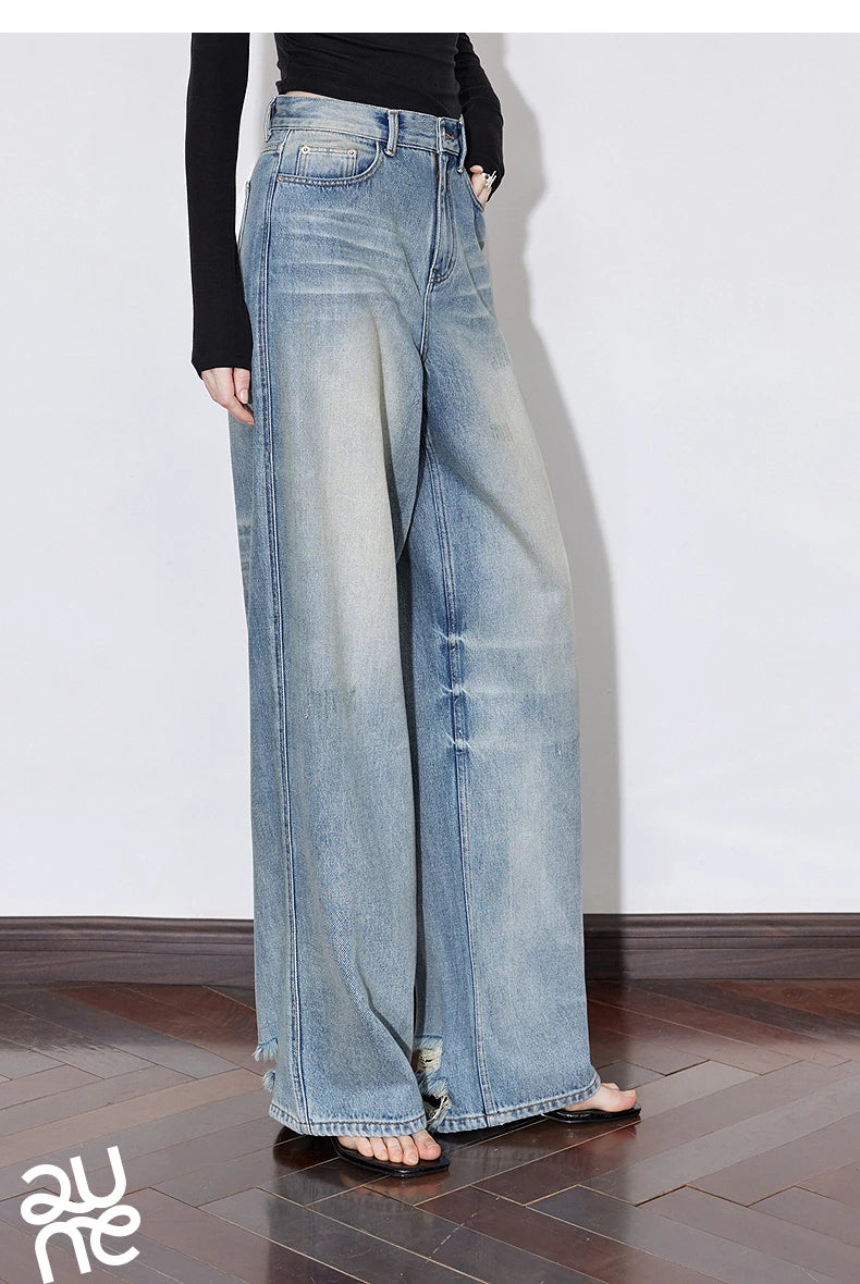 TOYOUTH Women Denim Jeans 2025 Spring New Mid Waist Wide Leg Straight Casual Long Pants