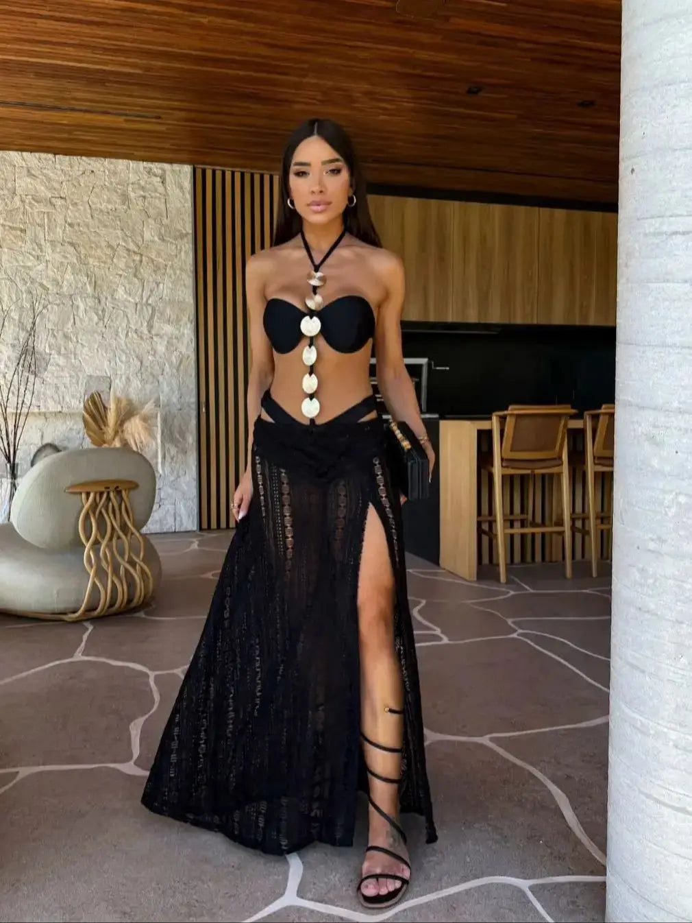 3 Pcs Swimwear with Skirt Women High Leg Bandage Swimsuit Tie-Neck Bathing Suit Halter Slit Skirt Beach Dance Robe
