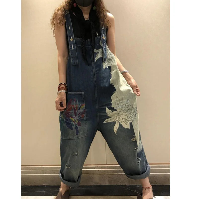 Amax luluE 2025 Korean Fashion Spring Female Printed Denim Overalls Ladies Vintage Casual Jeans Women Loose Trousers Wide Pants