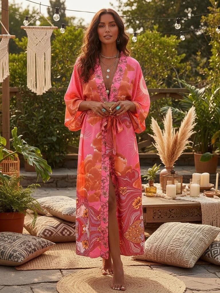 Vintage Chic Women Star and Moon Floral Print Bat Sleeve Beach Bohemian Kimono Dress Robe Ladies Summer Boho Bikini Cover-ups