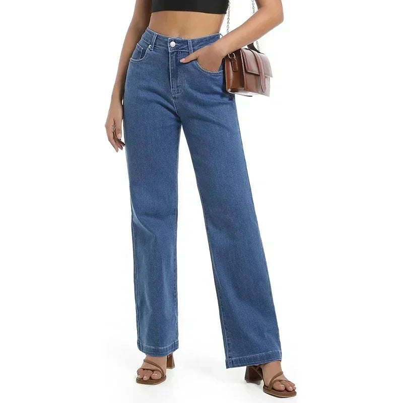 Women High Waist Straight Leg Jeans Female Comfortable Stretch Basic Denim Pants Woman Classic Cheap Black Gray White Trousers