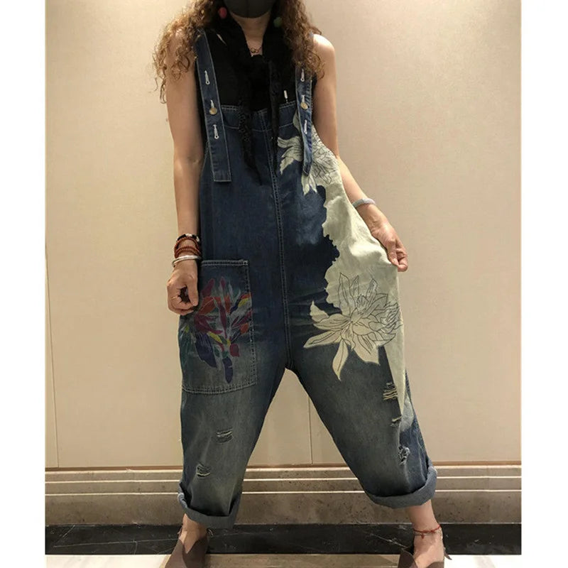 Amax luluE 2025 Korean Fashion Spring Female Printed Denim Overalls Ladies Vintage Casual Jeans Women Loose Trousers Wide Pants