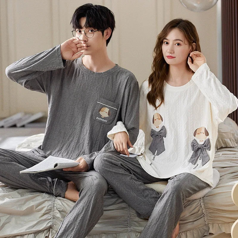 Couple Long Sleeves Sleepwear Autumn Winter Cotton Pajama Sets Print Pants Homewear Kawaii Clothes 2 Piece Sets Nightwear Lovers