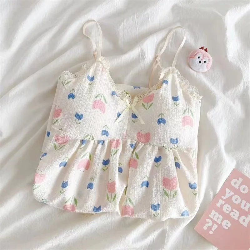 With Chest Cushion Halter Nightgown Female Summer Floral Breathable Thin Section of the Princess Style Loose Knee-Length Pajamas
