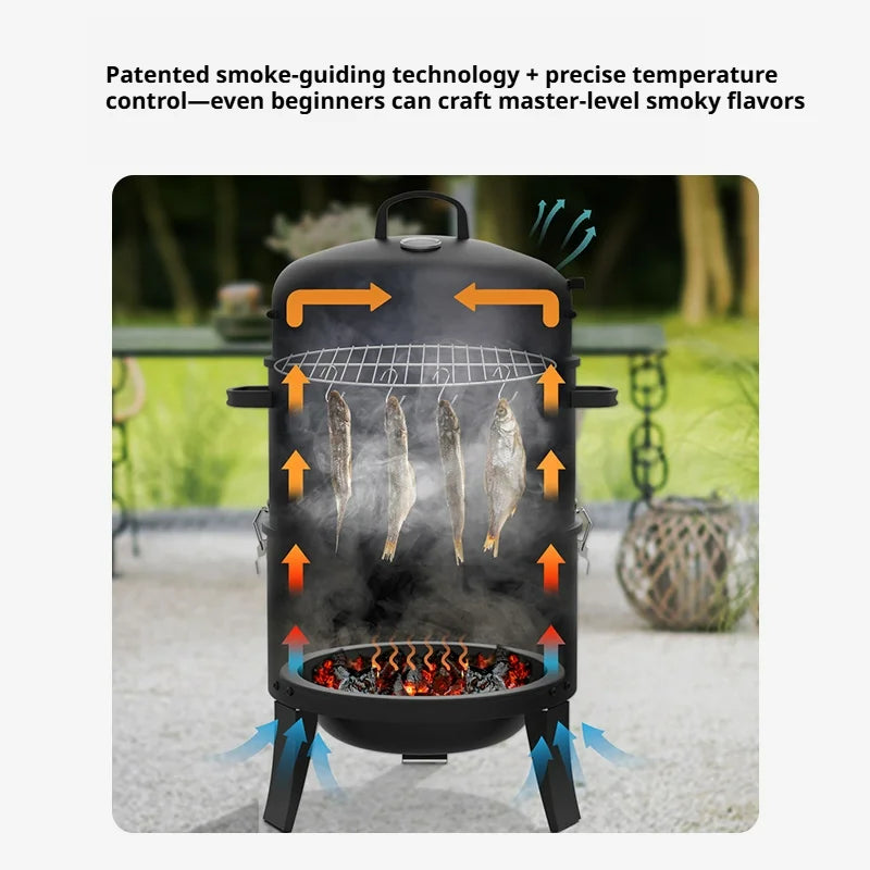 3-Tier Charcoal Smoker Grill, Outdoor & Home Hanging BBQ Smoker, Portable Barbecue Grill