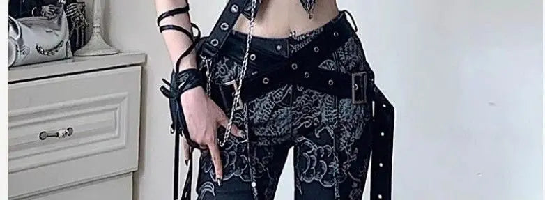 American Subculture Printed Dragon Pattern Raw Edge Slightly Flared Jeans Women's Personalized Low-waisted Slim Fit Flared Pants