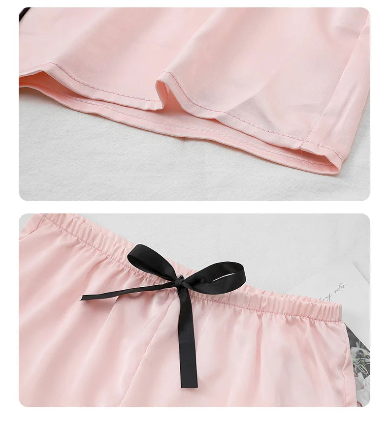 New Female Short Sleeve Shorts Pajamas Set Spring Summer Satin Sleepwer Pijamas Suit Loose Solid Green Home Wear Loungewear