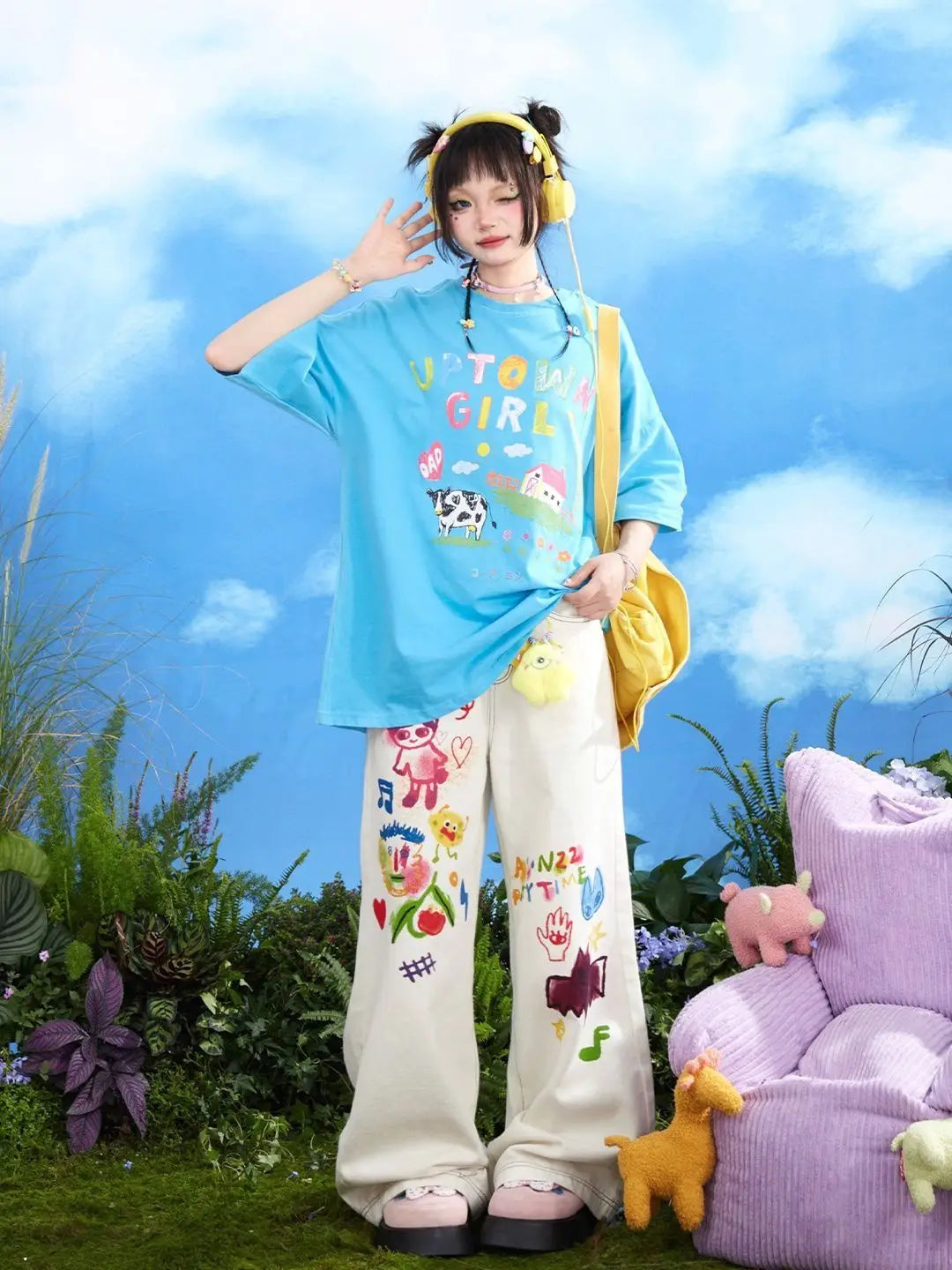 Kawaii Cartoon Young Style Sweet Summer Straight Jeans Women Printing Pockets Zipper Fashion Loose High Waist Wide Leg Trousers