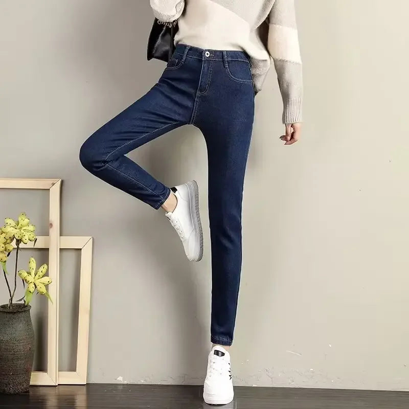 High Waist Fleece Lined Skinny Jeans Women's Autumn Winter New Style Pure Color Slimming Tight Fit Ankle Length Pants