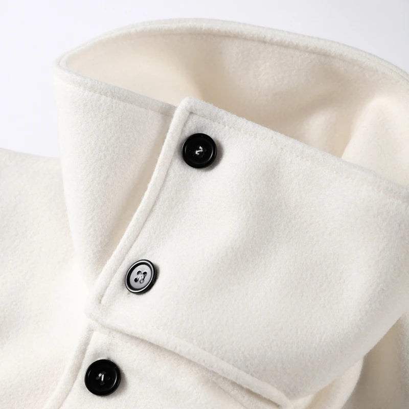 Elegant Stand Collar Long Woolen Coat Women Loose Full Sleeve Single Breast Warm Overcoat 2026 Spring Lady Outwear New