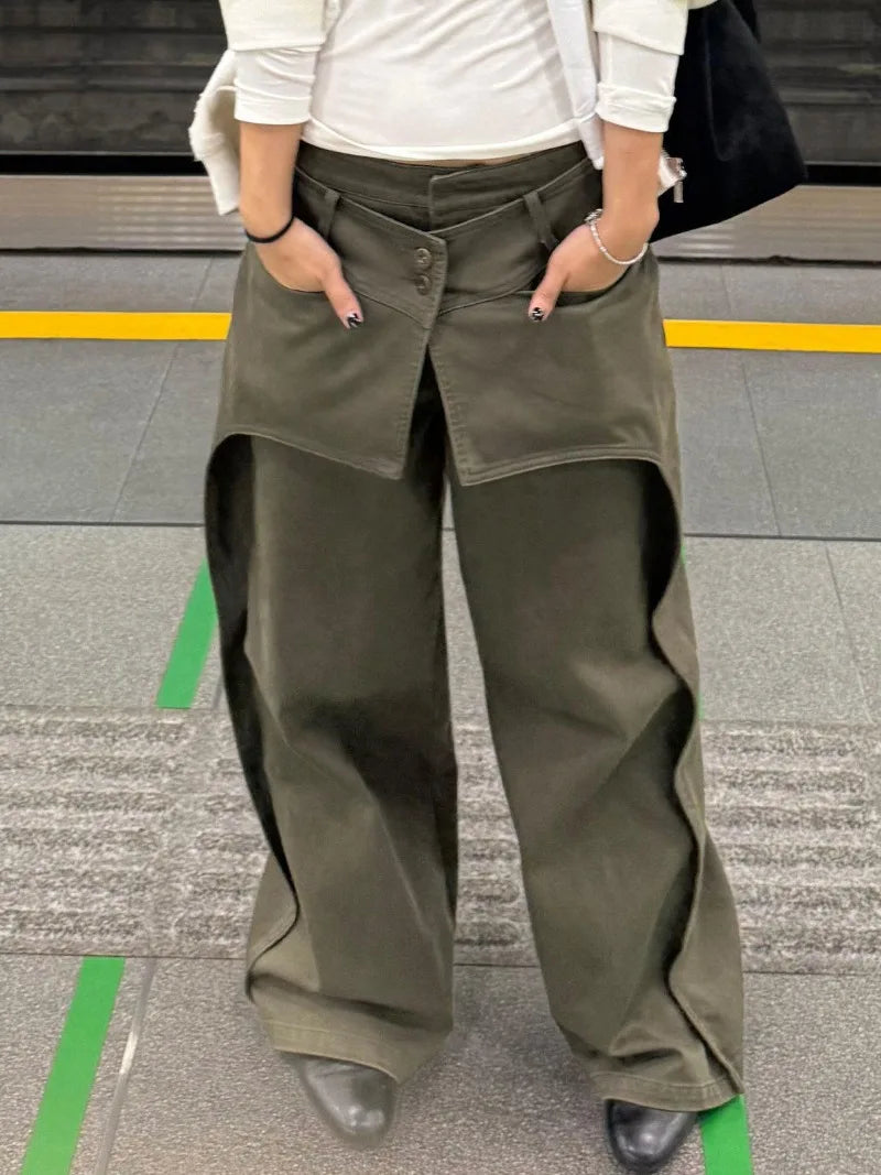 American Fashion Street Wash Retro Fake Two-piece Design Jeans Women's Loose Wide Leg Pants Trendy Female Clothing