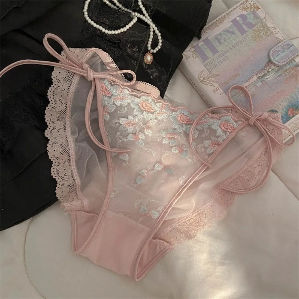 Lingerie Low Waist Embroidery Flower Panties Cotton Crotch Sweet Mesh Lace Briefs Transparent Lace-up Underwear Lady