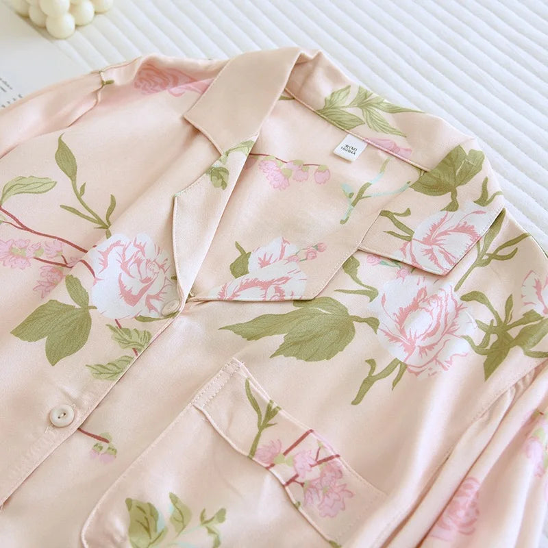 2023 Spring/Summer New Women's Pajama Set Gongsatin Cotton Women's Pajama Silk 100% Viscose Polka Dot Print Sleepwear 2-Piece