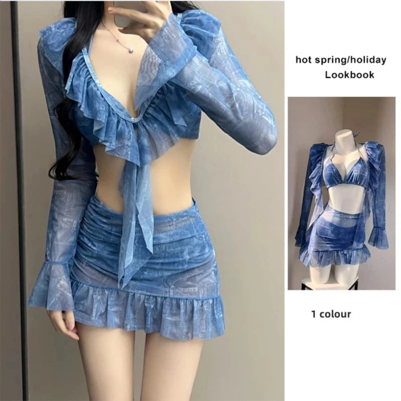 4 Pieces Swimsuit for Women Halters Swimming Suit Long Sleeves Swimwear with Cover Up & Beach Skirt Summer Bathing Suit
