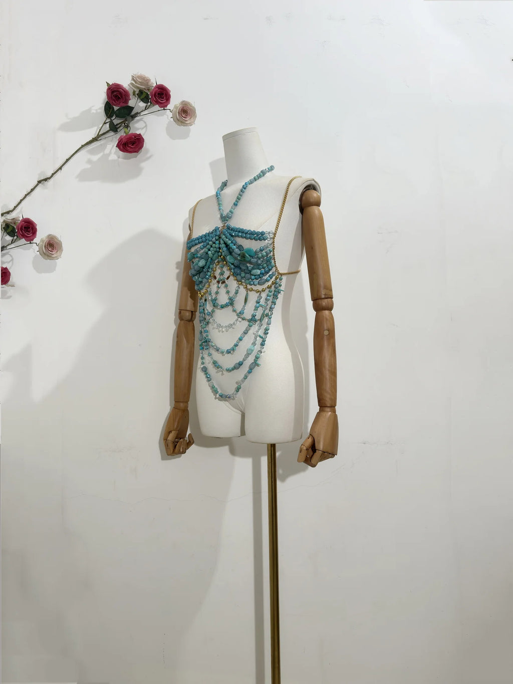 H80&90 New Sexy Women Handmade Glitter Turquoise Color Stone Bead Body Chain Hollow Out Bikini Bra Top Holiday Beachwear Lingeie