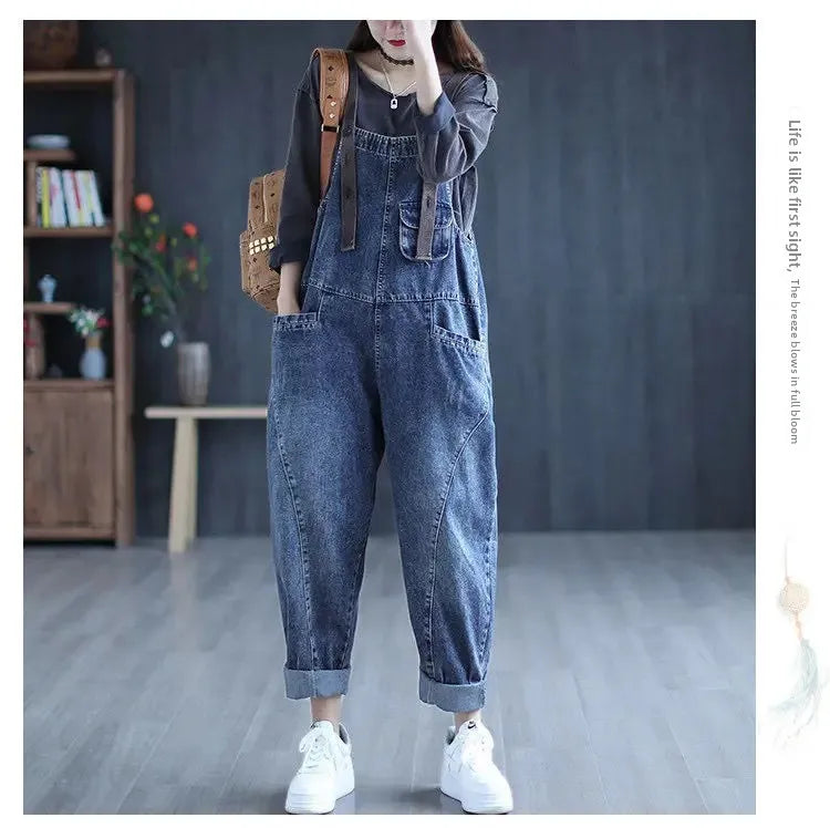 Loose Casual Denim Overalls Women's Wide Leg Pants Harem Jumpsuits Ageless plus Size New 2025 Fashion from Mainland China