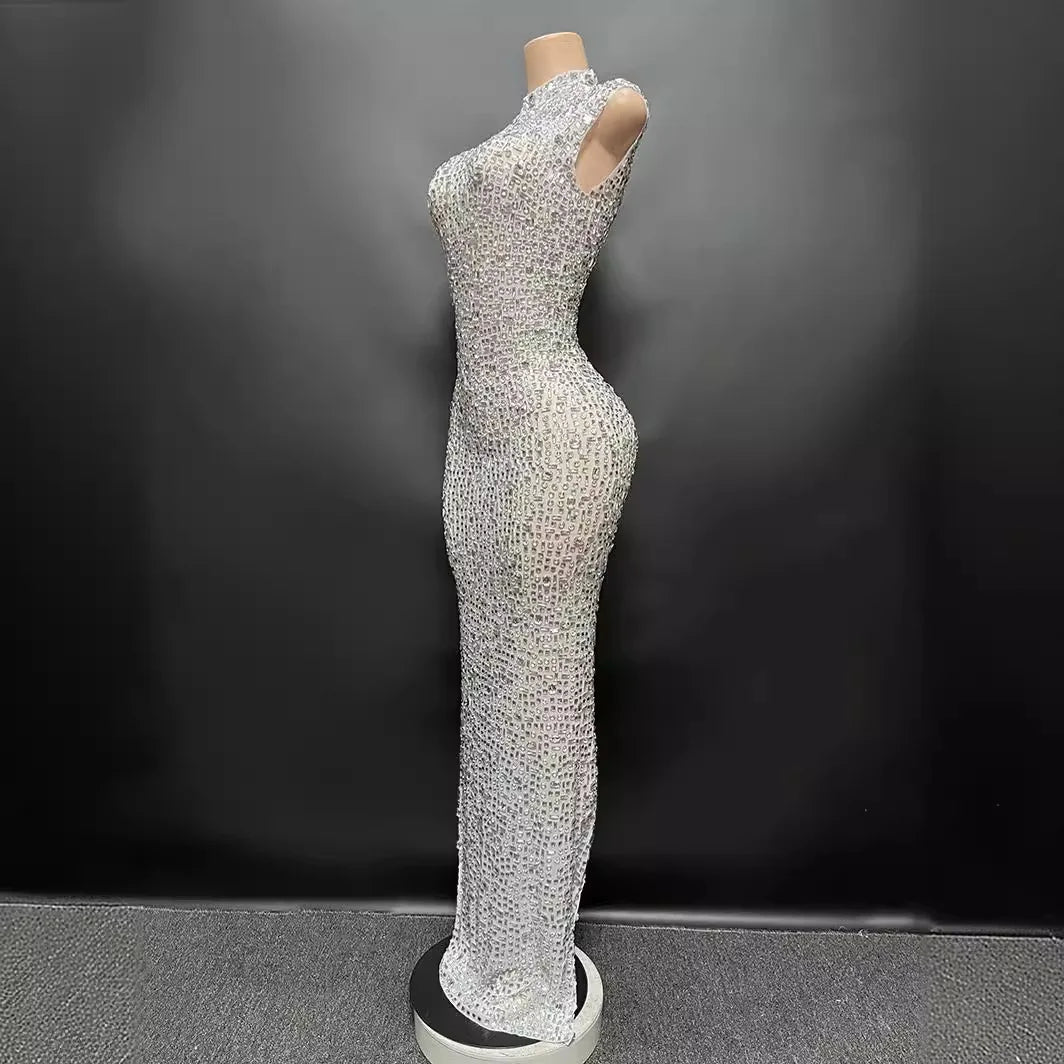 Sexy Full Drill Elastic Slim Fit Sleeveless Long Dress - Hip Wrap, For Host Stage Catwalk & Engagement Evening High-Slit Dresses