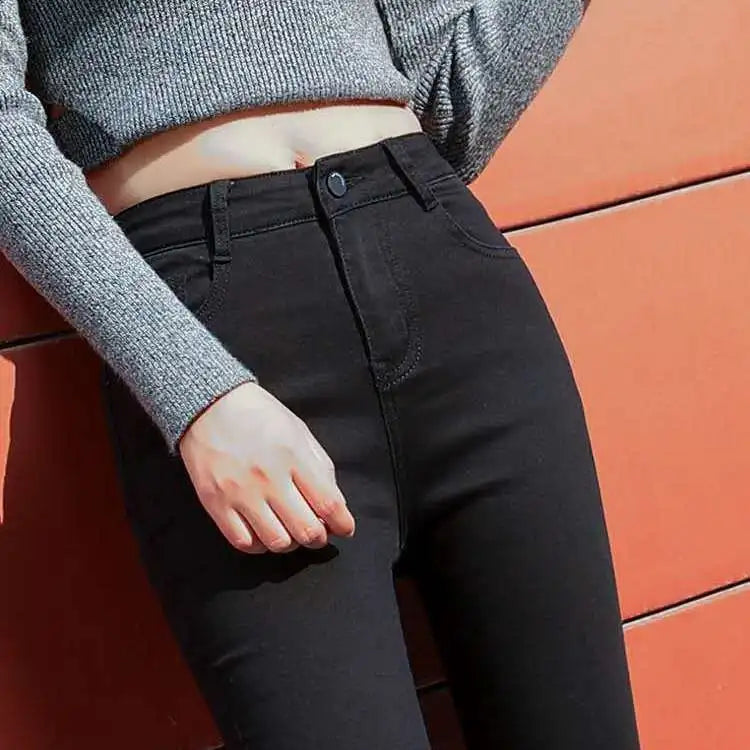High Waist Women's Skinny Jeans Elastic e ey Slimming Versatile Long Pants Korean Sle Cotton Stretch Denim