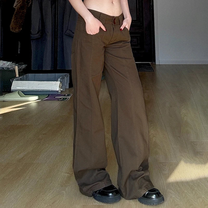 Brown Wide Leg Women's Jeans Y2K Grunge Style Low Rise Baggy Denim Pants Vintage Retro Casual Streetwear Korean Fashion Trousers