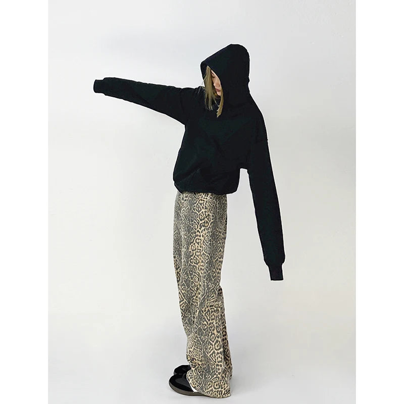 American Retro High Street Casual Overalls Leopard Print Loose Wide Leg Pants For Women Y2k Hip-hop Cargo Grunge Baggy Trousers