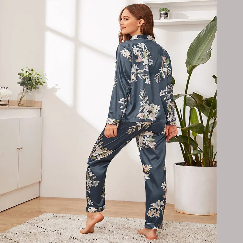 Spring Autumn pajama women Silk Satin pajamas set Long sleeve Shirt with Trouser Sleepwear Loungewear Female Pyjamas Suits Mujer
