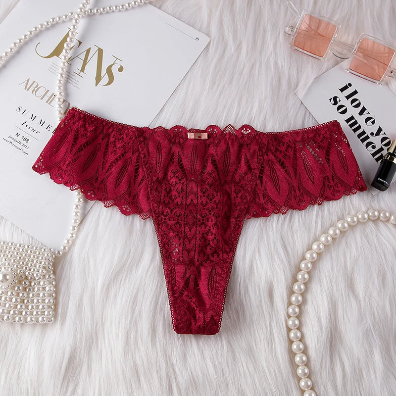 BANNIROU Women's Thongs Underwear Female Intimates T-back G-string Sexy Transparent Lace Low-Rise Panties Lingerie For Woman