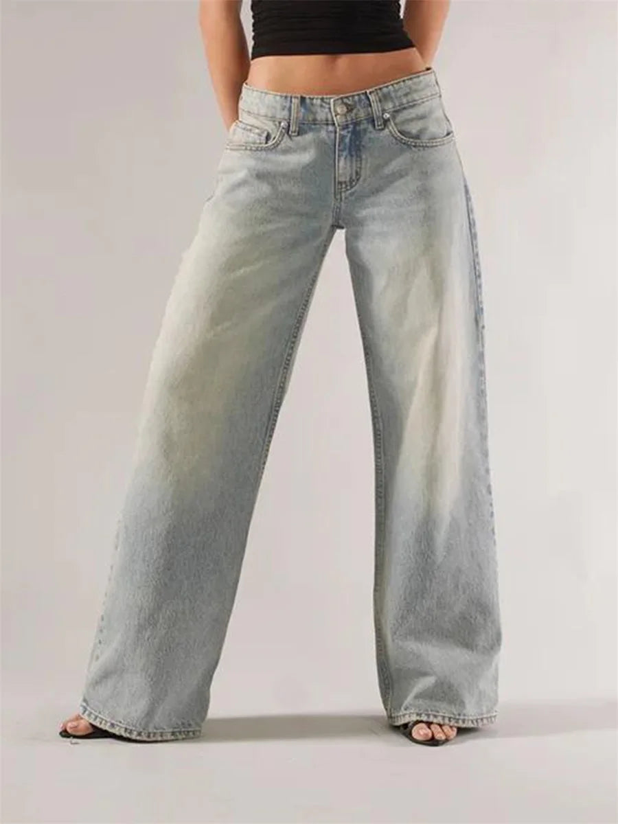 Women's Fall Jeans with Pockets Fashion Loose Fit Casual Solid Low Rise Wide Leg Denim Pants