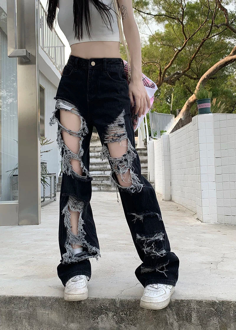 Zoki Hip Hop Hole Jeans Women Y2K Streetwear Harajuku Hollow Out Denim Pant American Retro High Waist Female Straight Trousers