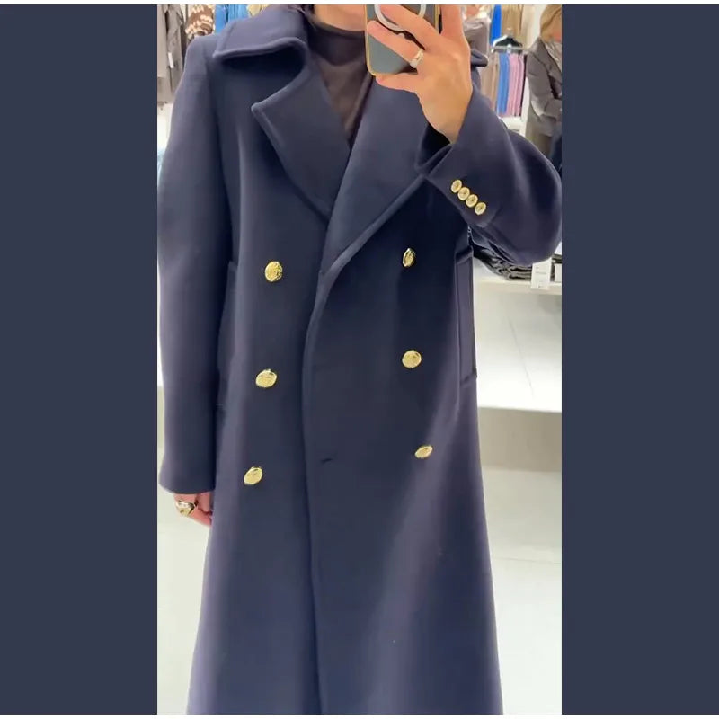 Elegant Stand Collar Long Woolen Coat Women Loose Full Sleeve Single Breast Warm Overcoat 2026 Spring Lady Outwear New